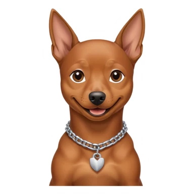 a pinscher dog sitting and smiling with a silver chain in the neck sticker