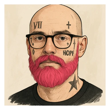 bald man with a pink beard, wearing glasses, with face tattoos, clear and expressive style sticker