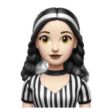 Malibu Barbie, 1965 Wednesday Addams from academy, in dark-gray and black striped outfit with hat. Smiling Driving Mercedes convertible sports car. Pale-white porcelain skin.  sticker