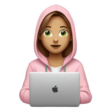 a girl with brown long hair, fair skin, green eyes, is working relaxed at a modern laptop in a monochrome pale pink zip hoodie with a hood and a pink monochrome T-shirt sticker
