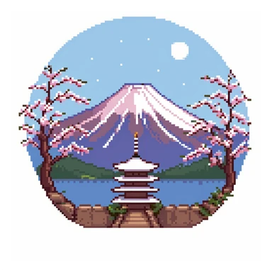 Mount Fuji with snow cap and cherry blossoms around the base sticker