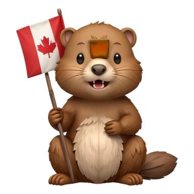 A hyperrealistic kawaii style beaver  sitting down, with a tiny canadian flag on a wooden stick, in his mouth, showing his big beaver teeth, still life, render, isolated. 4k hd, 300 dpi, no emoji faces, no emoji icons, no human figures  sticker