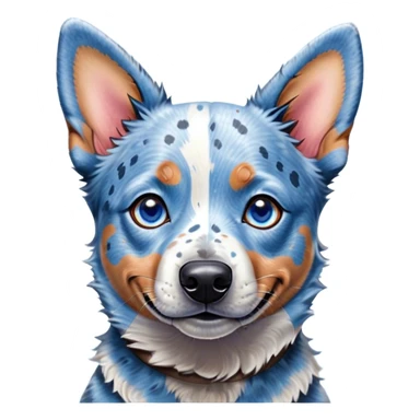 Cinematic Cute Blue Speckle Australian Cattle Dog Portrait Emoji, Head tilted playfully and inquisitively, featuring a vibrant blue speckle Fur with dynamic patterns, round, sparkling blue eyes filled with curiosity, Simplified yet irresistibly adorable features, highly detailed, glowing with a warm, friendly glow, high shine, affectionate and energetic, stylized with a touch of whimsy, bright and endearing, soft glowing outline, capturing the essence of a mischievous yet loving pup, so playful it feels like it could bound out of the screen and into your arms! sticker