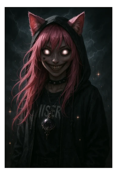 realistic anime catgirl with pink hair, emo streetwear, heart tattoo under left eye, dark magical accessory, sparkles, stormy background, supernatural scary face with glowing eyes and eerie smile sticker