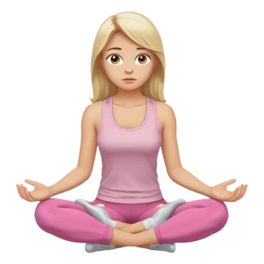 Create a young woman with long blonde hair, golden eyes, and medium-light skin tone, wearing a light pink tank top and leggings. She should be sitting cross-legged in a calm pose, but with a subtle doubting or skeptical facial expression—slightly raised eyebrow, small frown, or pursed lips.  sticker