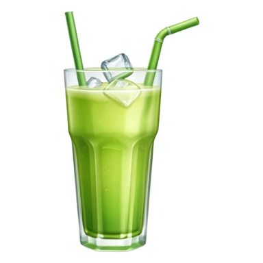 Glass of fresh sugarcane juice with ice cubes, light green liquid, a straw, refreshing beverage sticker