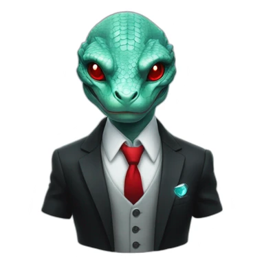 Aquamarine reptilian in classic black suite with red laser eyes on the middle of platinum coin sticker