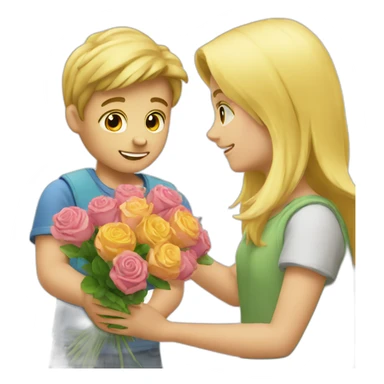 A boy who offers a bouquet of flowers to a pretty blonde sticker