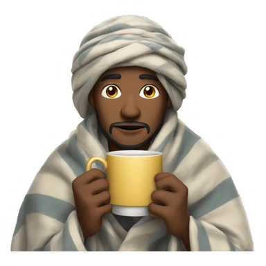 a man with a blanket on his head and a cup of tea in his hands sticker