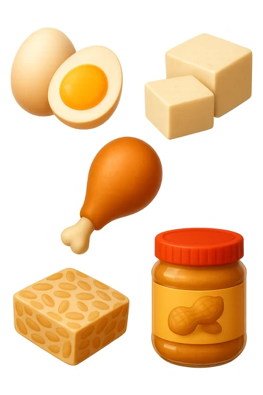 EMOJI STILE IPHONE DI
 uova, pollo, tofu, tempeh, burro di arachidi
, fluttuano in aria REALISTICA 4K sticker