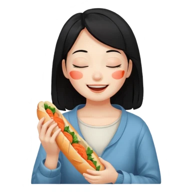 Girl black long hair eat kimchi close eyes baguette sticker