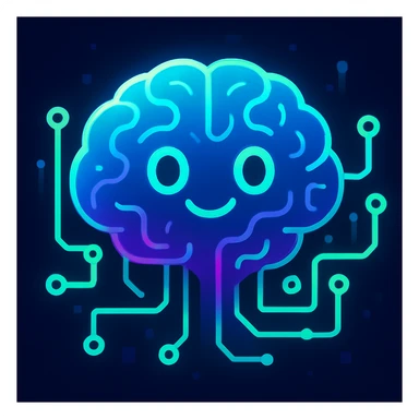a sentient AI represented as a glowing, futuristic brain with digital circuits, vibrant modern style sticker