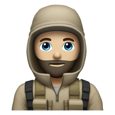 White male, face mask, tan tactical gear, tan pants, combat boots, black beanie, blue eyes sticker