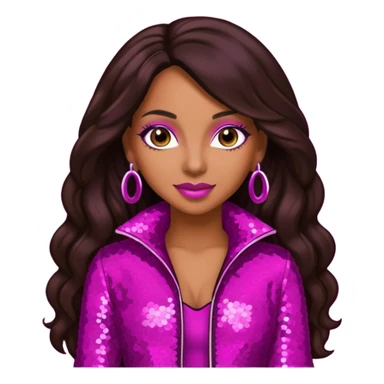 Mya, R&B Singer with dark brown long hair, meganta sequin outfit sticker