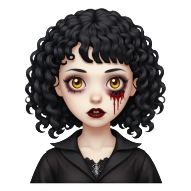 Faça uma mulher zumbi com o cabelo cacheado médio, e uma franja cacheada, cabelo preto e deixe ela meio gótica. sticker