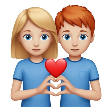 young blonde girl with blue eyes holding hands with young red headed boy with blue eyes and a heart between them sticker
