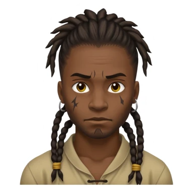 
1 black man, fierce face, scar on face, dreadlock hair tied back emoji
 sticker