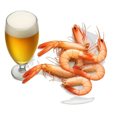 a glass of beer next to a plate of shrimp sticker
