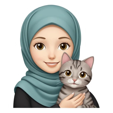 White girl wearing pretty hijab holding a black grey tabby cat while smiling sticker