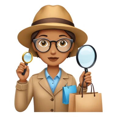 mystery shopper holding a magnifying glass and a shopping bag sticker