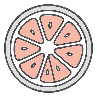 Flat icon of a pink grapefruit slice, top-down view, using a vibrant palette of orange, white, and pink, minimal and clean design, no background. sticker