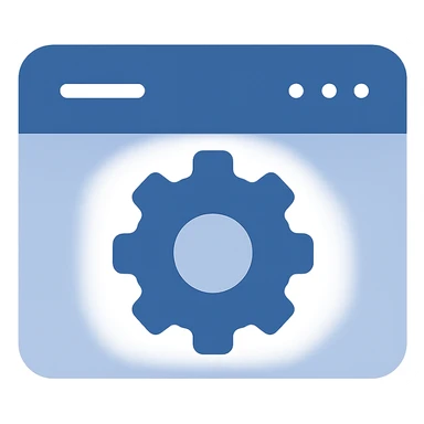 Refine the settings-in-browser icon by removing any black or dark background around the gear. Show only a simple blue browser window with a blue gear in the center, using almost exclusively blue shades. The style is flat modern with clean and simple lines, prioritizing clarity and minimal use of other colors. The background is fully transparent. sticker