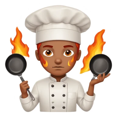 determined chef with fiery eyes, holding two crossed cooking pans defensively across chest sticker