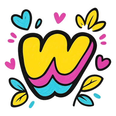 colorful, plump Wattpad logo 'w' with bold outline, expressive shadows, glossy highlights, decorated with bright leaves and hearts around the logo, juicy vibrant style sticker