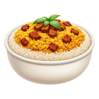 Cinematic Realistic Biryani Dish Emoji, depicted as aromatic basmati rice layered with spiced meat and herbs rendered with vibrant textures and warm, inviting lighting. sticker