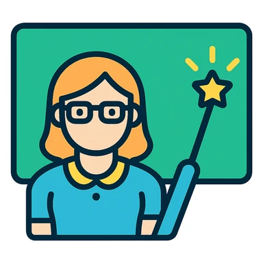 Convert this female teacher in front of a chalkboard with a glowing magic stick icon to a color version, using a clean, educational palette and no background. sticker