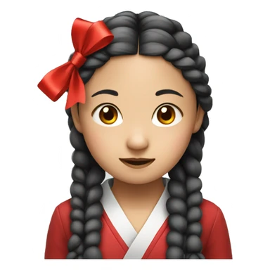 An Asian girl with braided hair and a red ribbon sticker