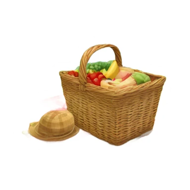 Generate an emoji of a picnic scene in the countryside, with a checkered blanket, a picnic basket, and rolling green hills. Include a bright sun, scattered flowers, and a few fluffy clouds for a cheerful outdoor vibe.” sticker