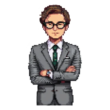 front-facing pixel art businessman, waist up, sharp suit, hand under chin, gazing slightly to the side, wearing stylish glasses, luxury watch visible, expression of curiosity or contemplation, clean background sticker