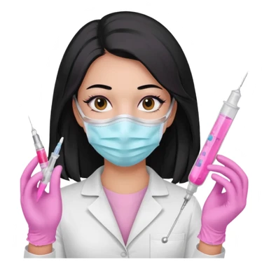 laboratorista con guantes rosa pastel y mascarilla rosa pastel jeringa tubo laboratorio sin lentes pelo lacio negro y largo sticker