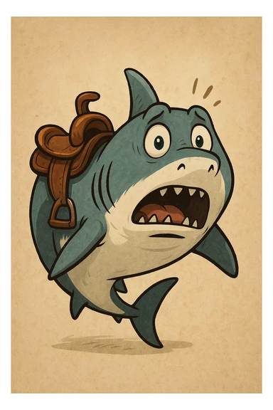 Удивленная акула, на которой седло удивленно смотрит на зрителя sticker