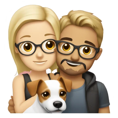  blonde girl without glasses and a white boy with glasses, a little Beard and moustache, both cuddling a jack Russell sticker