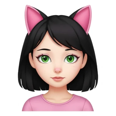 charming girl, black hair, green eyes, pink cat ears sticker