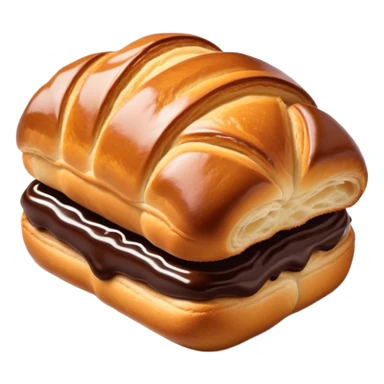 Cinematic warm pain au chocolat, flaky golden-brown pastry with a rich chocolate filling peeking through, perfectly crisp exterior, soft glowing highlights, inviting and indulgent. sticker
