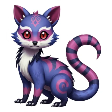 Rare warm-colored exotic gloomy tropical edgy cute epic aesthetic spooky indigo purple white black red gothic colorful Salandit-Furret-Espurr-Meowstic-Civet-species-Fakemon-hybrid-creature, with tribal tattoo markings, full body sticker