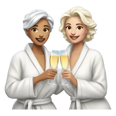 A young blonde woman and an older woman with silver hair are wearing luxurious white spa robes and having a glass of champagne with snow and mountains in the background sticker