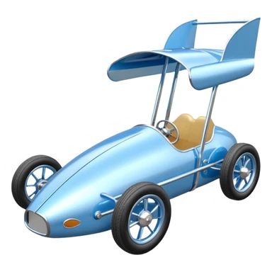 Light sparkling blue and chrome 40’s style Antique-looking shopping cart (made of shopping cart material) race car with custom aero body and rear wing  sticker