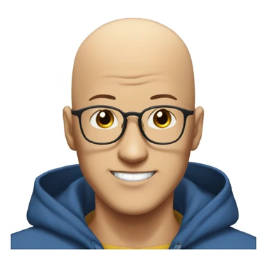 bald saitama in his 30s wearing glasses, smiling, in a blue hoodie sticker