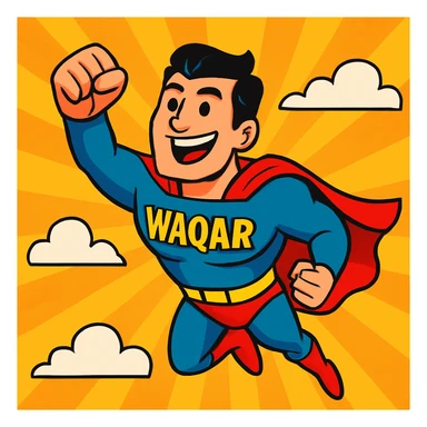 superhero flying with a cape, the name Waqar visible, energetic and fun style sticker