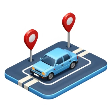 
A 3D minimal icon showing a street route to a destination with a single vehicle, a blue road, and small red accents for alerts. The style is clean, minimal 3D, with a transparent background. sticker