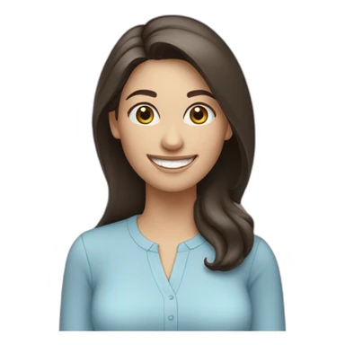 Caucasian woman with long dark brown hair, wearing a light blue blouse, smiling sticker