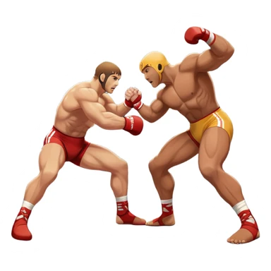An icon depicting two wrestlers in a grappling stance on the mat, engaged in a fierce combat. One fighter attempts a takedown, while the other resists. The background shows a wrestling arena with bright lights and spectators around the edge of the ring. Transparent background  sticker