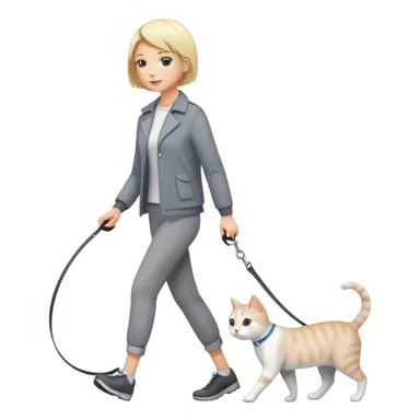 blonde short-haired woman walking a gray and white cat on a leash sticker