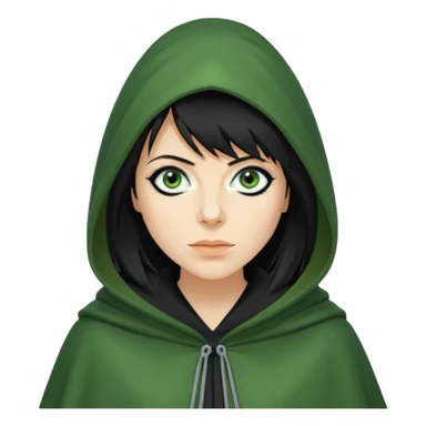 claudia winkleman as a traitor with a green hooded cloak and dark black eyeliner sticker