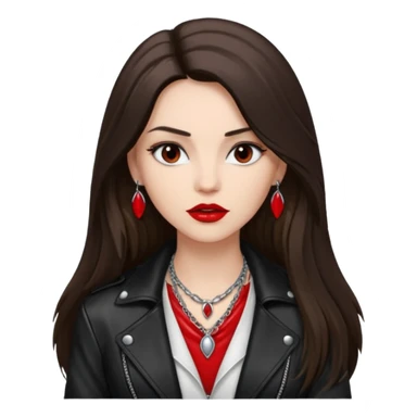 brunette with very long hair in black cuir jacket with red lips and very dark brown eyes and white shirt and mysterious necklace without ear piercing sticker