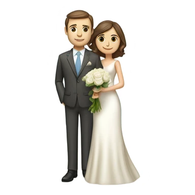 grown wedding couple. Bride have short brown hair, wearing a cute long dress, long veil, and is holding a white rose bouquet. Groom have also brown hair, wearing a cream-colored suit with a sky blue tie and breast pocket. He also have a orquid boutonniere sticker